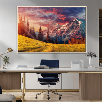 83947-MGV-CV-36X24-Sunset Mountain Landscape Wall Art – Panoramic Alpine Meadow and Snow Capped Peaks Canvas Print, Nature Scenic Decor for Home,