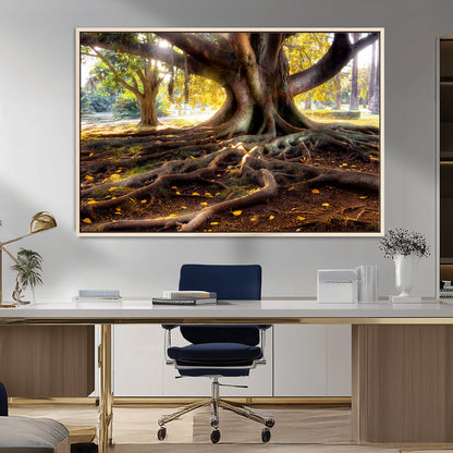 53335-MGV-FC-36X24_Natural-Majestic Tree with Sprawling Roots Wall Art – Serene Sunlit Park Scene, Nature Canvas Print, Perfect for Living Room, Office or