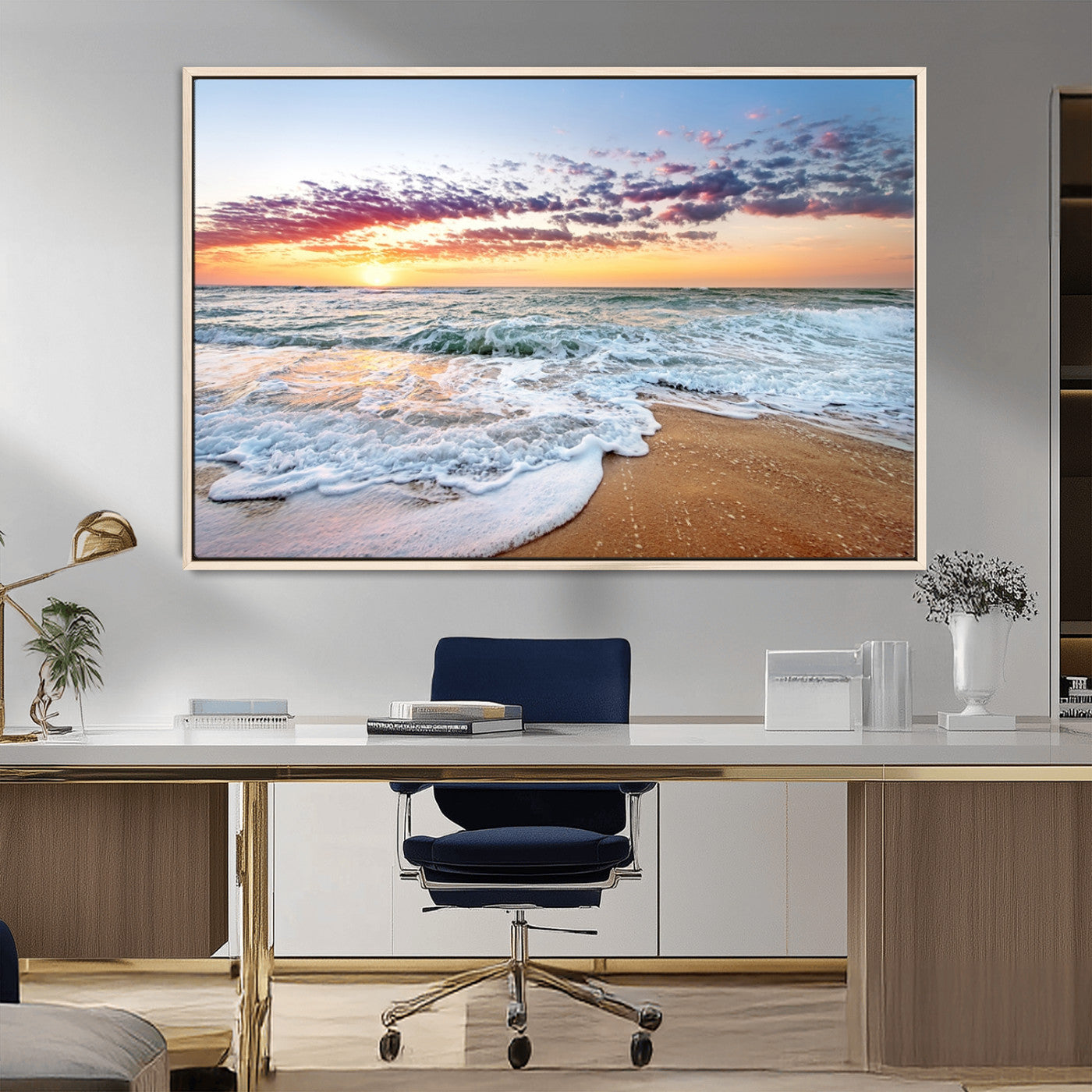 39560-MGV-CV-36X24-Sunrise Beach Wall Art – Vibrant Ocean Waves and Golden Sand Canvas Print, Seaside Coastal Decor for Living Room, Bedroom or