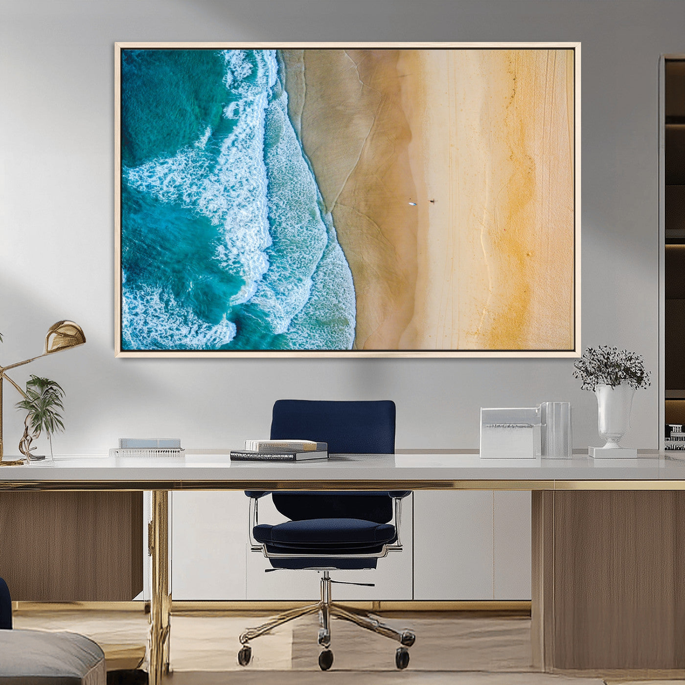 46640-MGV-CV-36X24-Aerial Beach Wall Art – Turquoise Waves and Golden Sand Canvas Print with Lone Surfer, Coastal Ocean Decor for Living Room,