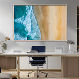 46640-MGV-CV-36X24-Aerial Beach Wall Art – Turquoise Waves and Golden Sand Canvas Print with Lone Surfer, Coastal Ocean Decor for Living Room,