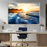 86173-MGV-FC-36X24_Natural-Golden Sunset Beach Wall Art – Reflective Ocean Canvas Print with Mountains and Waves, Coastal Nature Decor for Living Room,