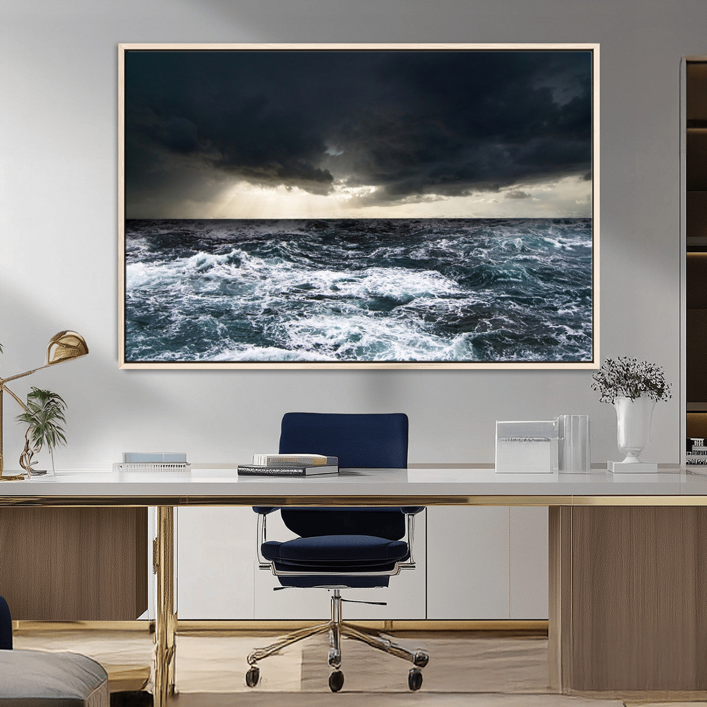 42607-MGV-FC-36X24_Natural-Stormy Ocean Wall Art – Dramatic Sea and Sky Canvas Print with Sun Rays, Moody Nature Decor for Living Room, Office, Bedroom or