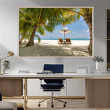 83601-MGV-FC-36X24_Natural-Tropical Beach Wall Art – Serene Palm Trees and Lounge Chairs Canvas Print, Relaxing Coastal Decor for Living Room, Bedroom or