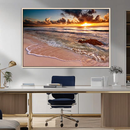 38302-MGV-CV-36X24-Sunset Beach Wall Art – Stunning Ocean Waves and Rock Canvas Print, Warm Coastal Decor for Living Room, Bedroom, Office or Beach