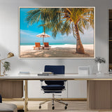 69754-MGV-FC-36X24_Natural-Tropical Beach Wall Art – Relaxing Palm Tree and Lounge Chairs Canvas Print, Serene Coastal Decor for Living Room, Bedroom, Office