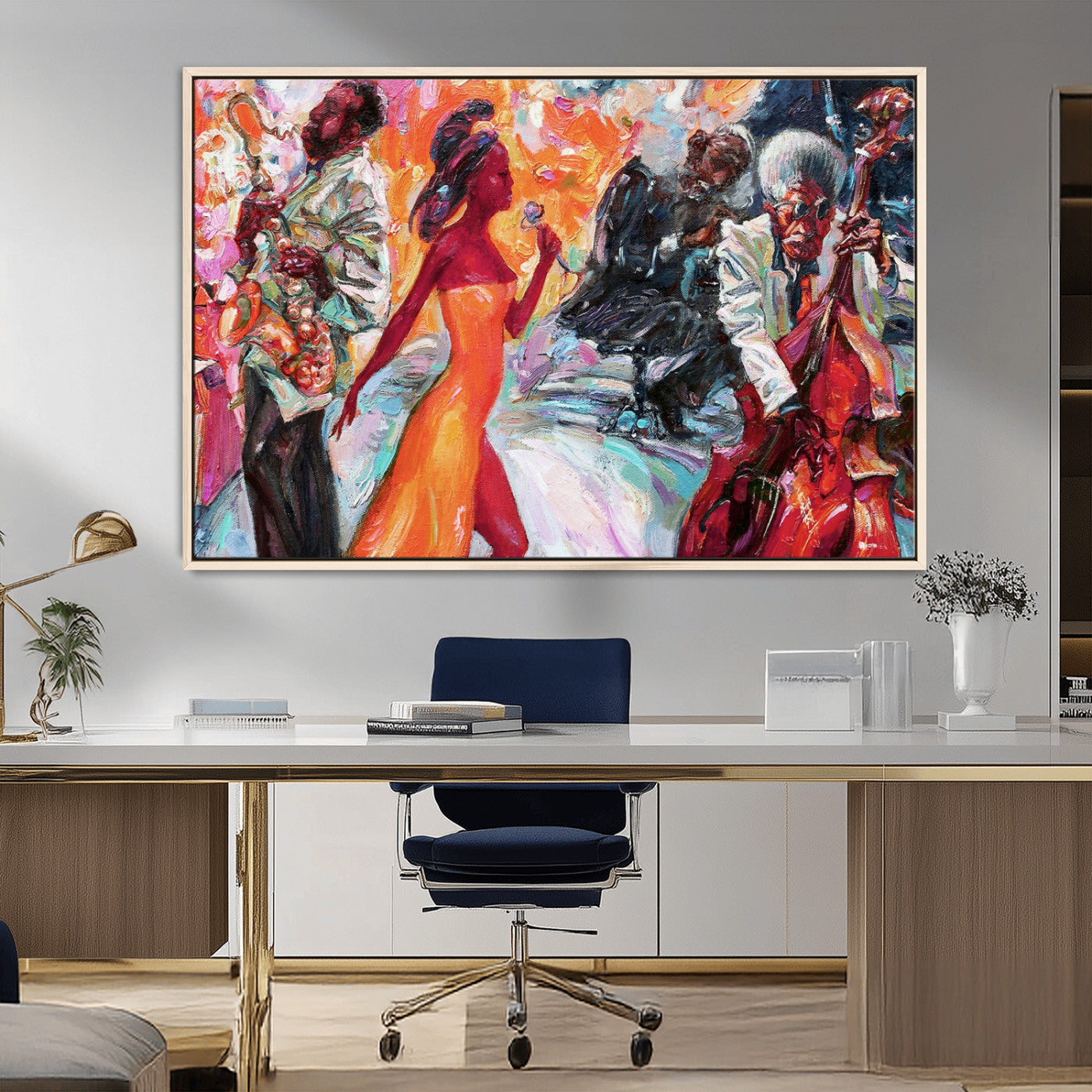 24452-MGV-FC-36X24_Natural-Vibrant Jazz Musician Painting - Expressive Art Print of Live Jazz Band, Perfect Wall Decor for Music Lovers and Art Enthusiasts
