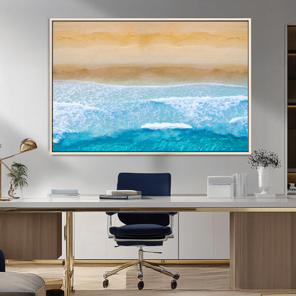 43046-MGV-FC-36X24_Natural-Aerial Beach Wall Art – Serene Ocean Waves & Sandy Shore Canvas Print, Coastal Home Decor for Living Room, Bedroom or Office