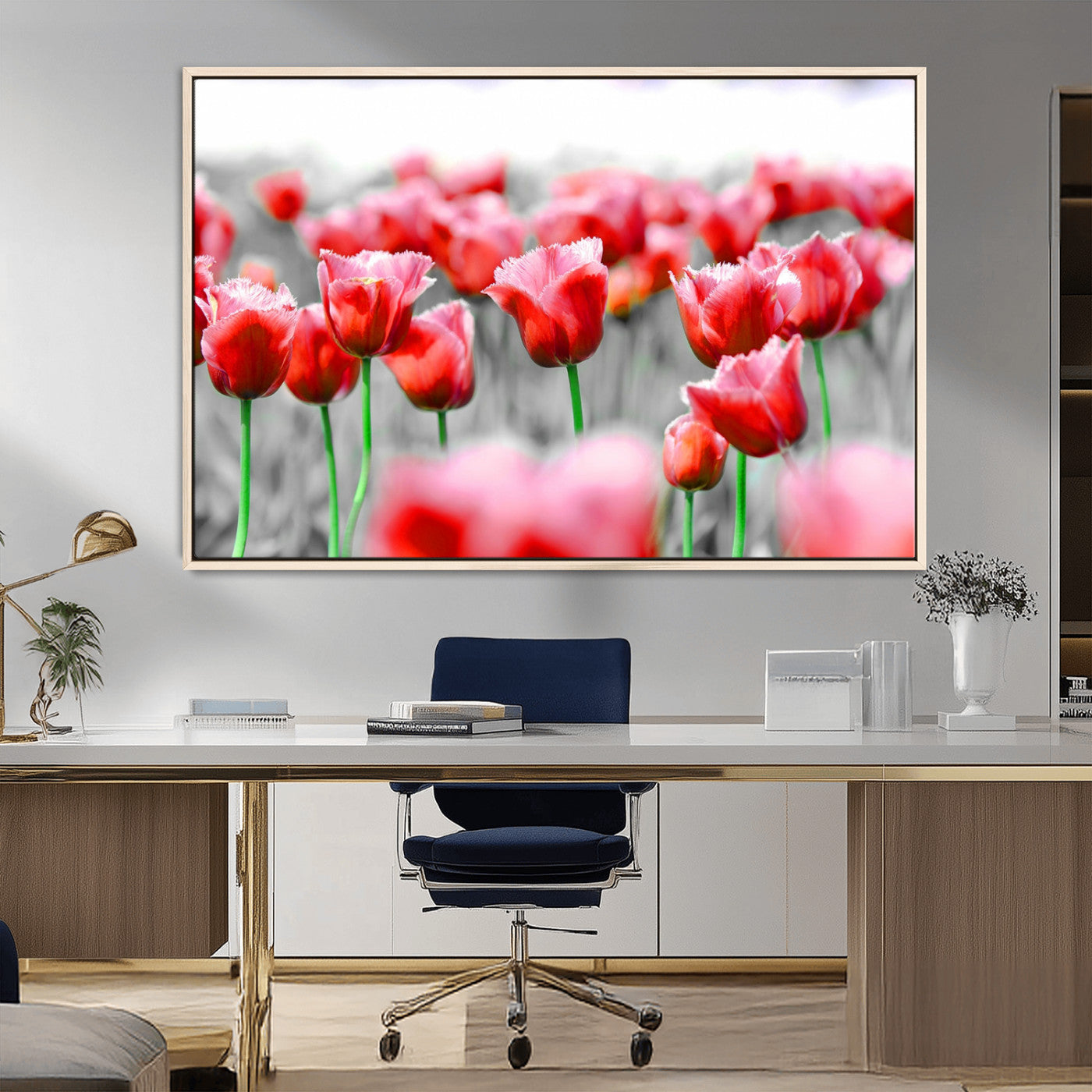 44554-MGV-CV-36X24-Vibrant red tulips stand out beautifully against a black-and-white background, making a striking decor piece perfect for any home