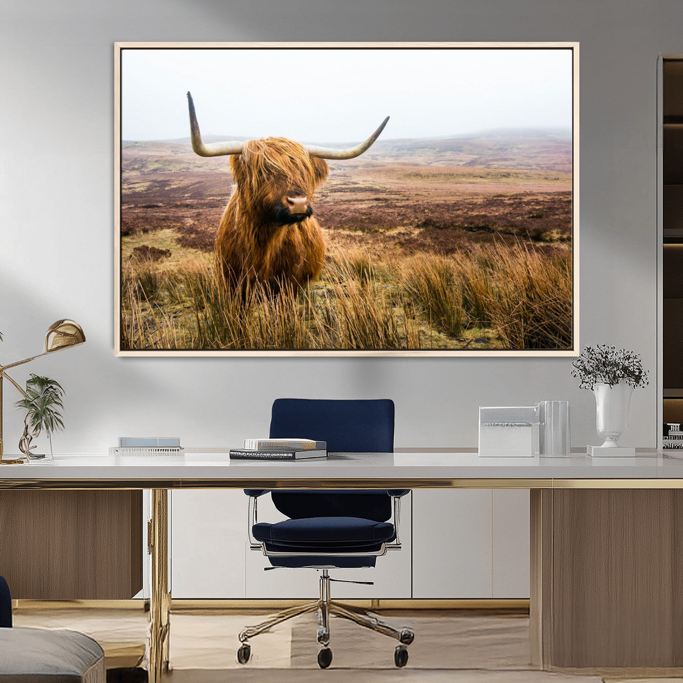 79391-MGV-FC-36X24_Natural-Majestic Highland Cow in Misty Scottish Moorland – Rustic Natural Charm, Perfect for Unique Home or Office Decor