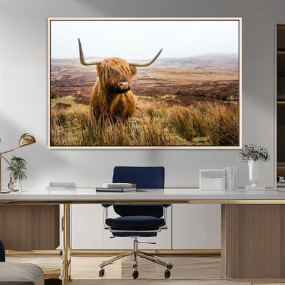 79391-MGV-FC-36X24_Natural-Majestic Highland Cow in Misty Scottish Moorland – Rustic Natural Charm, Perfect for Unique Home or Office Decor