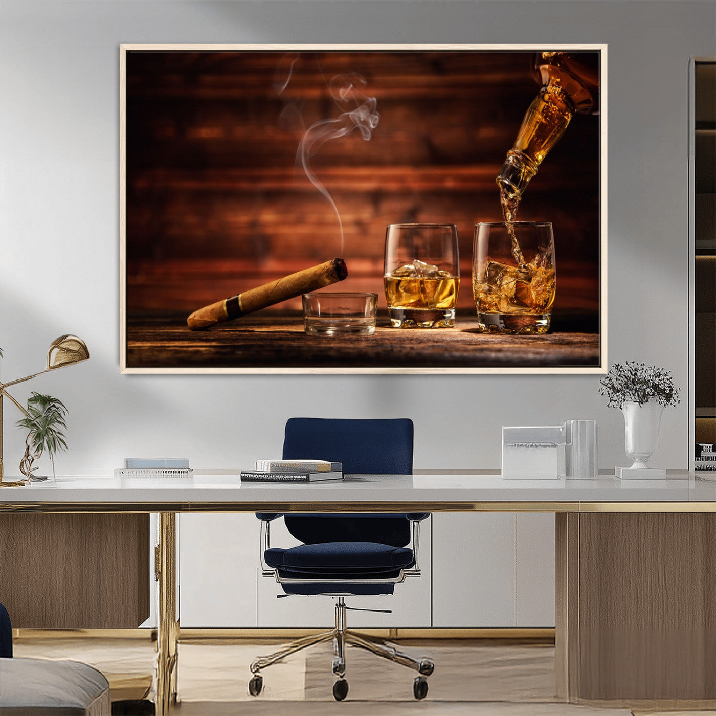 41139-MGV-FC-36X24_Natural-Whiskey and Cigar Still Life – Glasses with Ice and Pouring Amber Drink on Wooden Table with Smoke, Elegant Bar or Lounge Wall