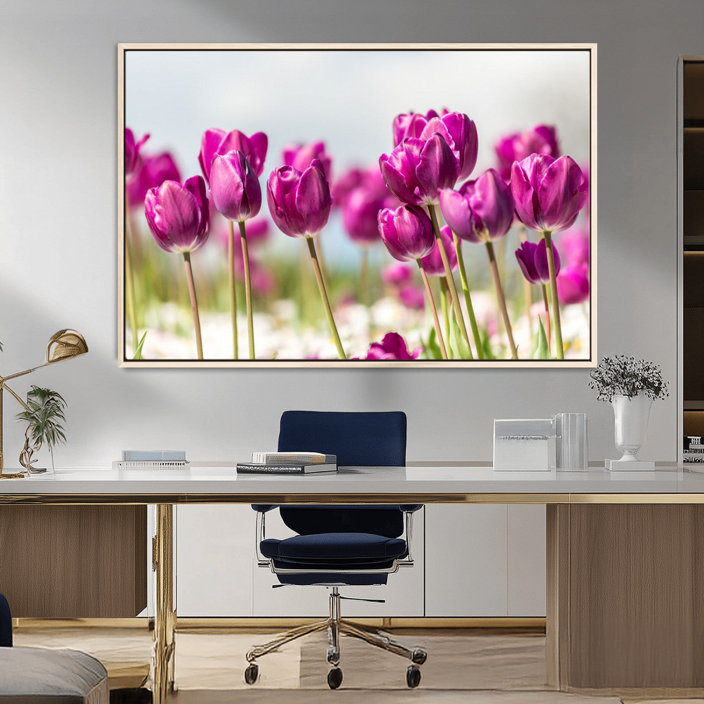 30632-MGV-FC-36X24_Natural-Purple Tulip Field Wall Art – Beautiful Spring Flowers Canvas Print with Soft Focus and Bright Sky, Ideal Floral Decor for Home or