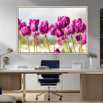 30632-MGV-FC-36X24_Natural-Purple Tulip Field Wall Art – Beautiful Spring Flowers Canvas Print with Soft Focus and Bright Sky, Ideal Floral Decor for Home or
