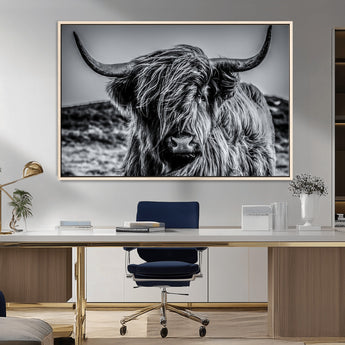 97372-MGV-CV-36X24-Elegant Highland Cow Wall Art – Black and White Canvas Print, Rustic Nature Decor for Home, Office, Living Room or Man Cave