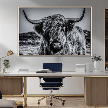 97372-MGV-CV-36X24-Elegant Highland Cow Wall Art – Black and White Canvas Print, Rustic Nature Decor for Home, Office, Living Room or Man Cave