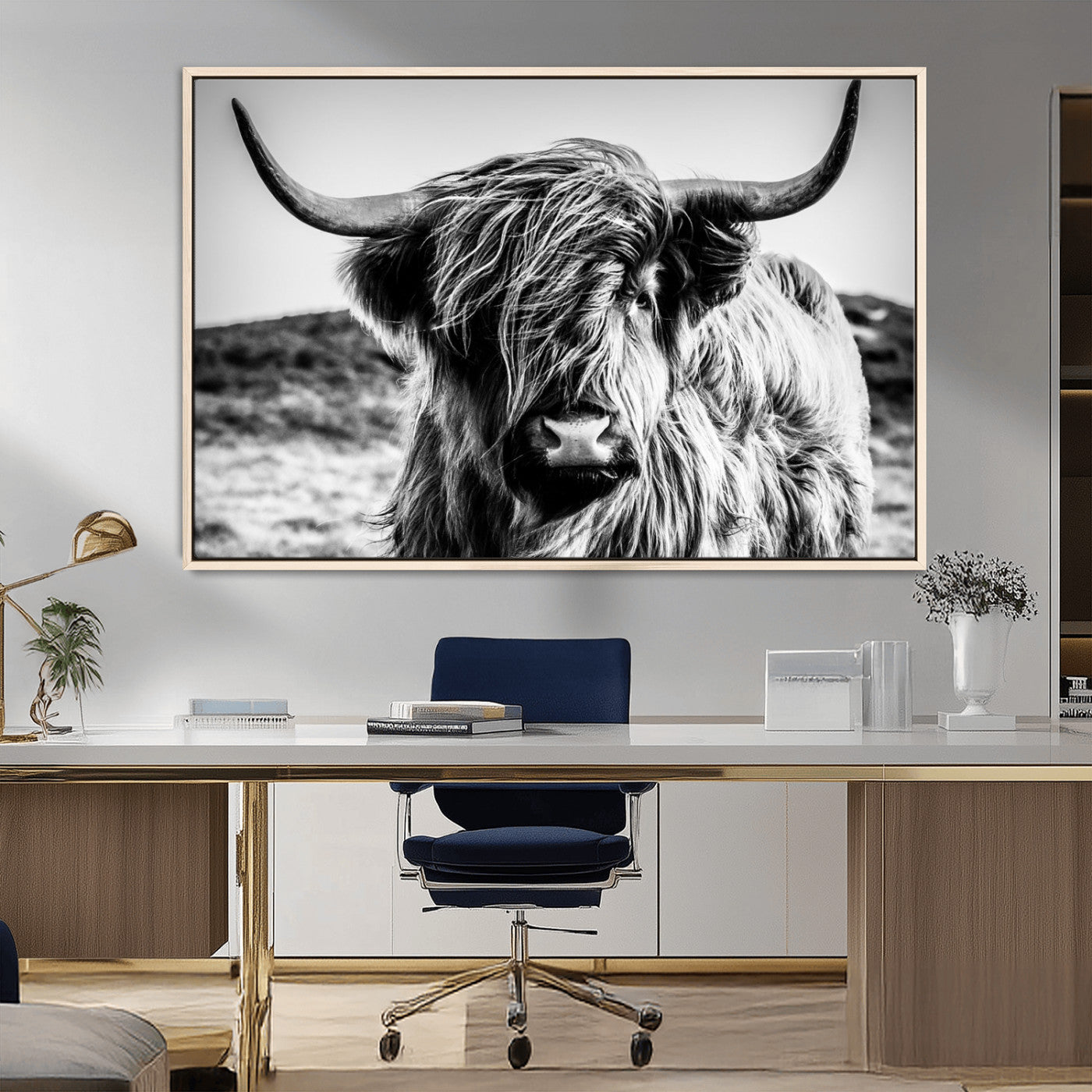 36979-MGV-FC-36X24_Natural-Striking black-and-white portrait of a Highland cow with flowing fur and majestic horns, perfect for rustic and elegant home or