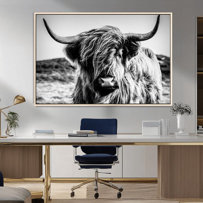 36979-MGV-FC-36X24_Natural-Striking black-and-white portrait of a Highland cow with flowing fur and majestic horns, perfect for rustic and elegant home or