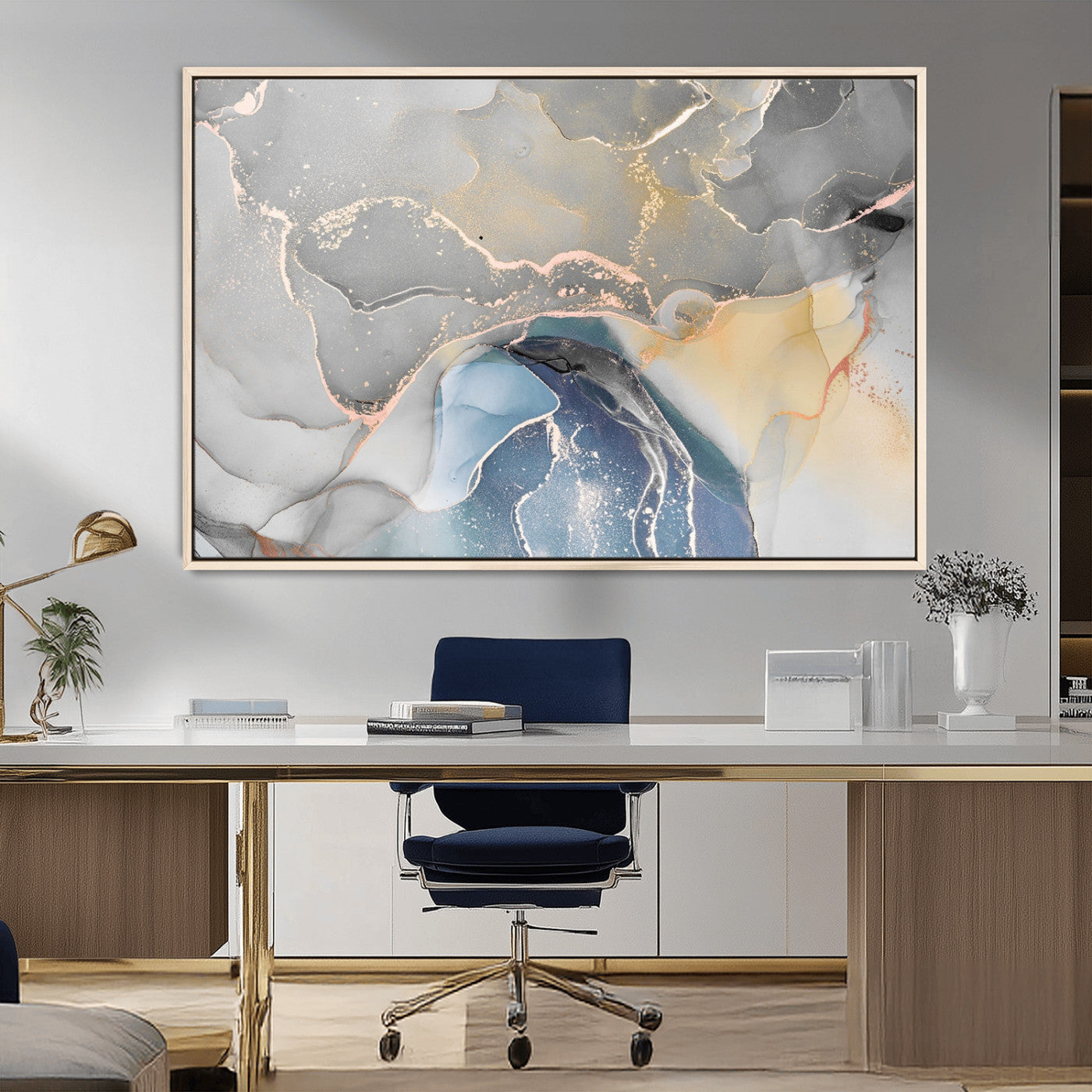 63211-MGV-CV-36X24-Abstract Fluid Art Wall Decor – Blue, Gray & Gold Canvas Print, Modern Home and Office Wall Art Decor for Living Room, Bedroom or