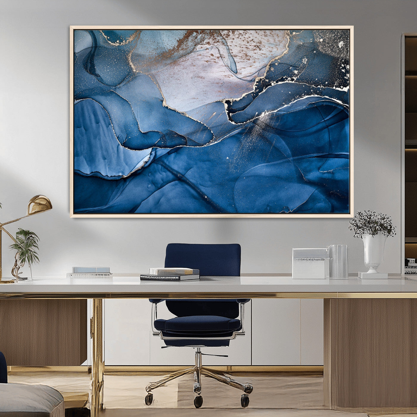 27810-MGV-CV-36X24-Abstract Blue Gold Fluid Art Wall – Modern Canvas Print, Elegant Home & Office Wall Art, Stylish Living Room or Bedroom Decor