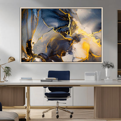 42100-MGV-FC-36X24_Natural-Golden Flow Abstract Wall Art – Panoramic Modern Blue and Gold Canvas Print, Contemporary Artistic Decor for Home, Office
