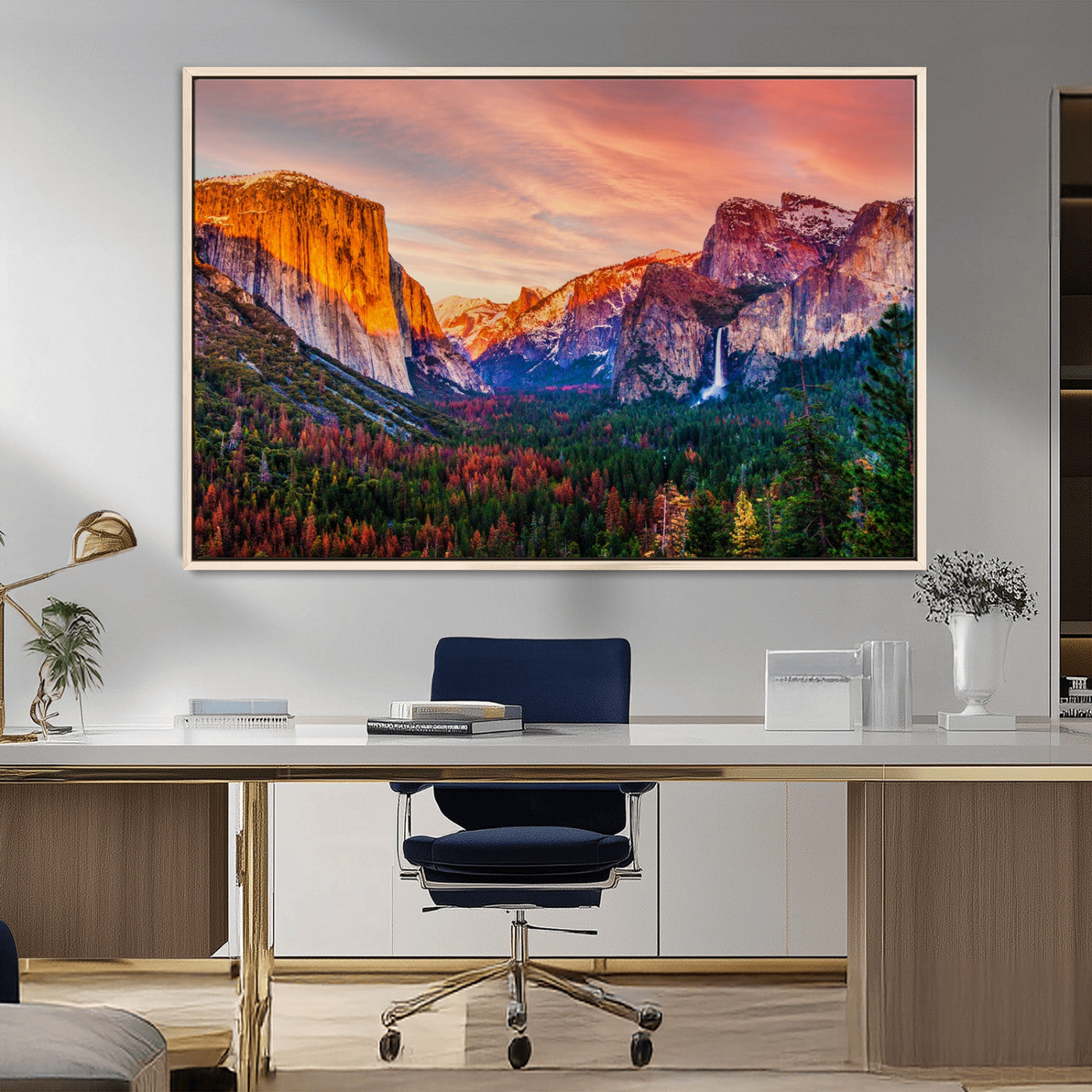 24519-MGV-FC-36X24_Natural-Yosemite Valley Sunset Wall Art – Majestic Mountain Landscape with Waterfall and Vibrant Sky, Nature Photography for Home or