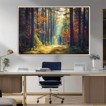 86249-MGV-FC-36X24_Natural-Sunlit Autumn Forest Path Wall Art – Peaceful Nature Scene with Fall Foliage, Calming Woods Decor for Home or Office