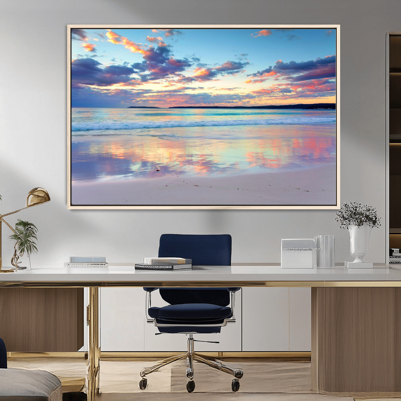 64882-MGV-FC-36X24_Natural-Tranquil Sunset Beach Wall Art – Panoramic Ocean Reflection Canvas Print, Calm Coastal Decor for Bedroom, Living Room or Office