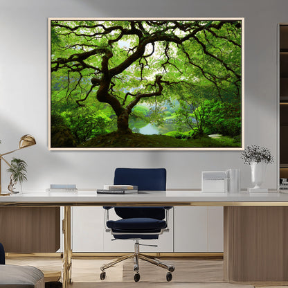 18094-MGV-CV-36X24-Emerald Canopy Wall Art – Panoramic Lush Green Tree Canvas Print, Serene Nature Decor for Office, Living Room or Meditation Space