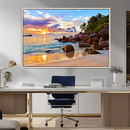 43209-MGV-CV-36X24-Tropical Beach Sunset Wall Art – Golden Ocean Waves and Palm Trees with Rocky Shore Canvas Print, Coastal Seascape Decor for