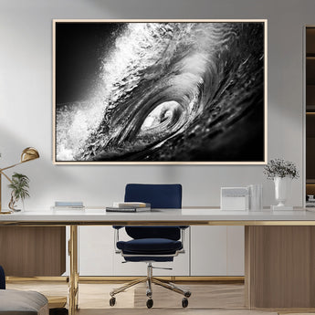 22702-MGV-CV-36X24-Black and White Ocean Wave Wall Art – Powerful Surf Curl Photography Canvas Print, Modern Coastal Decor for Living Room, Office or