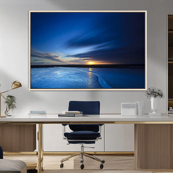 65405-MGV-CV-36X24-Blue Sunrise Seascape Wall Art – Tranquil Ocean Horizon Canvas Print with Golden Sunlight and Deep Sky, Coastal Landscape Decor