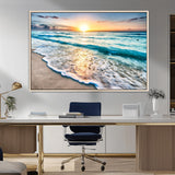 27815-MGV-CV-36X24-Ocean Sunrise Beach Wall Art – Serene Coastal Canvas Print with Waves and Golden Morning Light, Relaxing Seascape Decor for