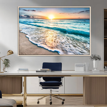 27815-MGV-CV-36X24-Ocean Sunrise Beach Wall Art – Serene Coastal Canvas Print with Waves and Golden Morning Light, Relaxing Seascape Decor for