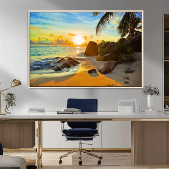 26181-MGV-CV-36X24-Golden Tropical Sunset Beach Wall Art – Ocean Canvas Print with Palm Trees and Rocks, Coastal Paradise Decor for Living Room or