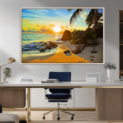 26181-MGV-CV-36X24-Golden Tropical Sunset Beach Wall Art – Ocean Canvas Print with Palm Trees and Rocks, Coastal Paradise Decor for Living Room or