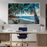 39679-MGV-CV-36X24-Tropical Palm Beach Wall Art – Serene Ocean Canvas Print with Palm Trees and Rocks, Coastal Paradise Decor for Living Room or