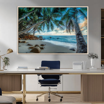 39679-MGV-CV-36X24-Tropical Palm Beach Wall Art – Serene Ocean Canvas Print with Palm Trees and Rocks, Coastal Paradise Decor for Living Room or