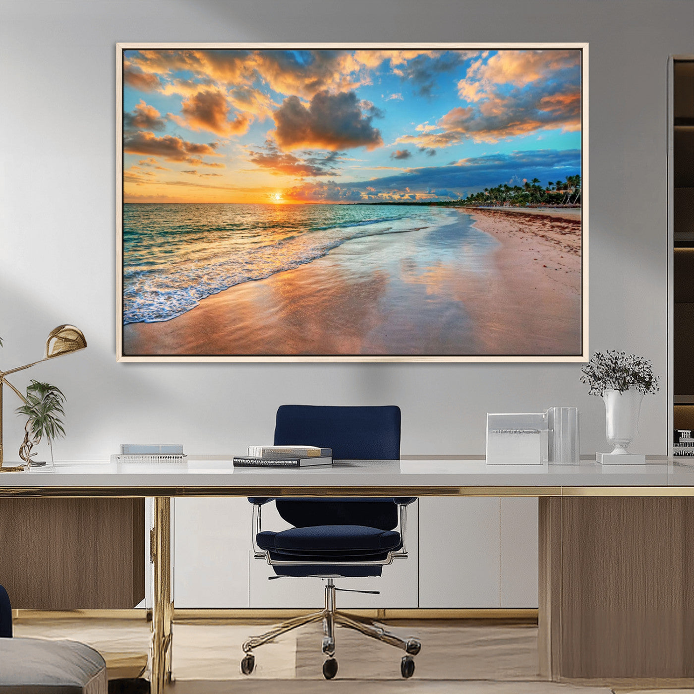 41572-MGV-CV-36X24-Sunset Beach Wall Art – Ocean Waves and Palm Trees Canvas Print, Tropical Coastal Sunset Seascape Decor for Living Room, Bedroom