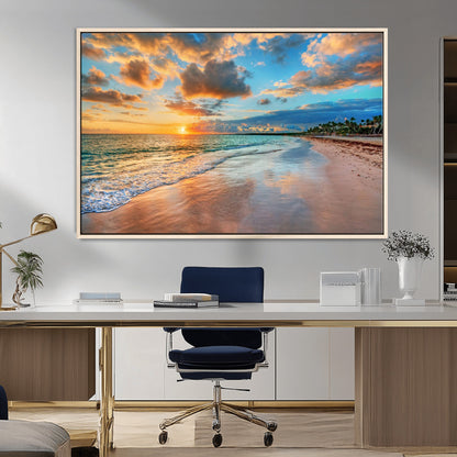 41572-MGV-CV-36X24-Sunset Beach Wall Art – Ocean Waves and Palm Trees Canvas Print, Tropical Coastal Sunset Seascape Decor for Living Room, Bedroom