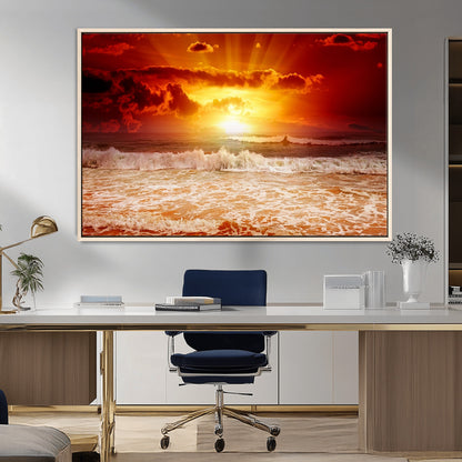 60211-MGV-FC-36X24_Natural-Fiery Sunset Ocean Waves Canvas Print – Vibrant Red & Orange Coastal Wall Art, Dramatic Seascape Decor