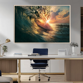 55359-MGV-CV-36X24-Radiant Ocean Wave Wall Art – Panoramic Surf Canvas Print, Vibrant Sunset Beach Decor for Home, Office or Man Cave