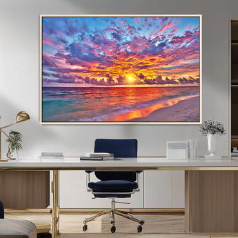 72836-MGV-CV-36X24-Fiery Sunset Beach Wall Art – Panoramic Vibrant Ocean Canvas Print, Dramatic Coastal Decor for Living Room, Bedroom or Office