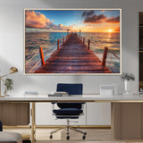 28836-MGV-CV-36X24-Ocean Pier Sunset Wall Art – Wooden Dock and Golden Horizon Canvas Print, Coastal Seascape Photography for Living Room, Bedroom,