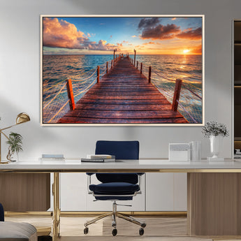 28836-MGV-CV-36X24-Ocean Pier Sunset Wall Art – Wooden Dock and Golden Horizon Canvas Print, Coastal Seascape Photography for Living Room, Bedroom,