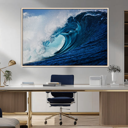 89502-MGV-CV-36X24-Powerful Ocean Wave Wall Art – Panoramic Blue Sea Wave Canvas Print, Coastal Surf Photography Artwork for Living Room, Bedroom, or