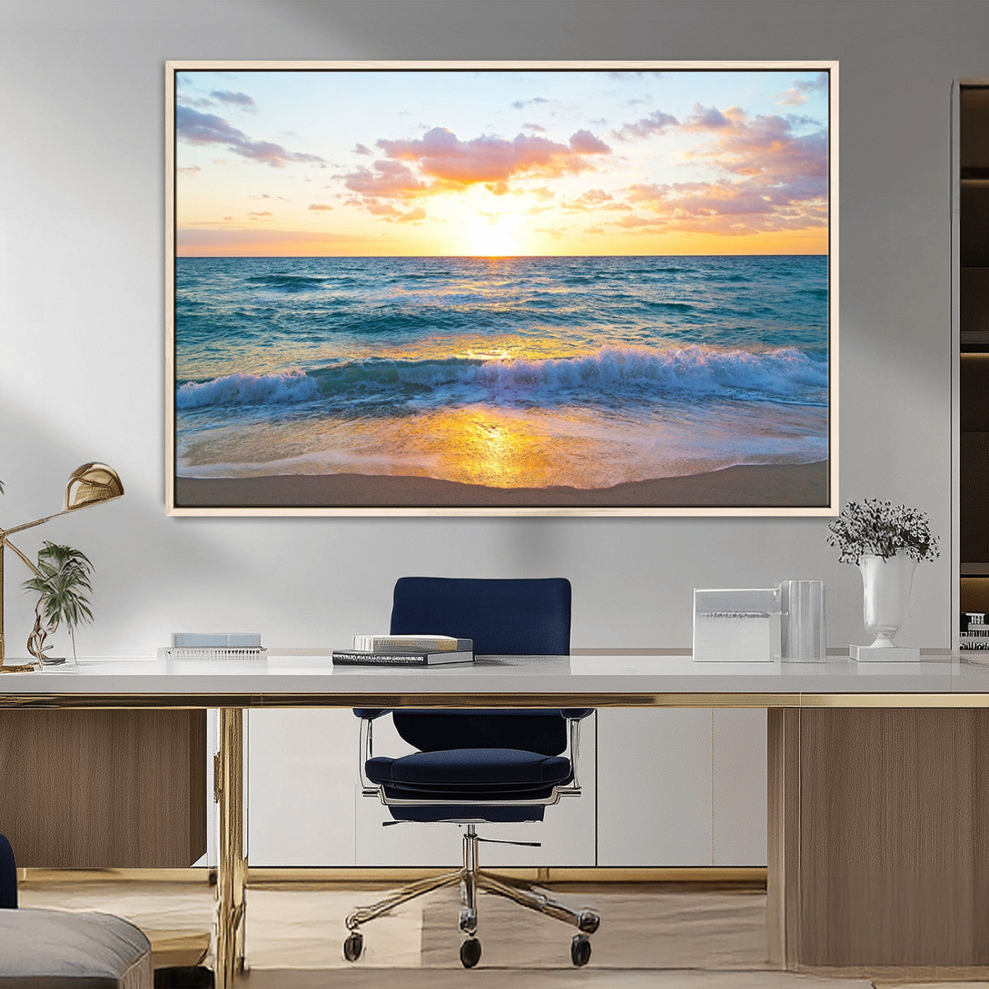 78006-MGV-CV-36X24-Golden Sunrise Ocean Wall Art – Panoramic Beach Waves Canvas Print, Coastal Seascape Artwork for Living Room, Bedroom, Office, or