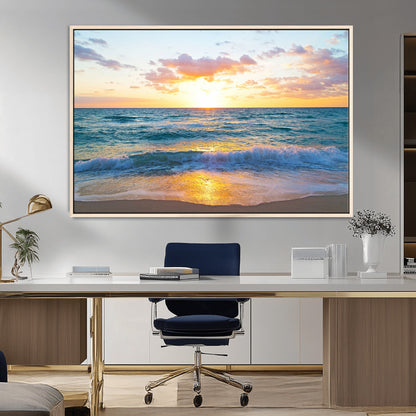 78006-MGV-CV-36X24-Golden Sunrise Ocean Wall Art – Panoramic Beach Waves Canvas Print, Coastal Seascape Artwork for Living Room, Bedroom, Office, or