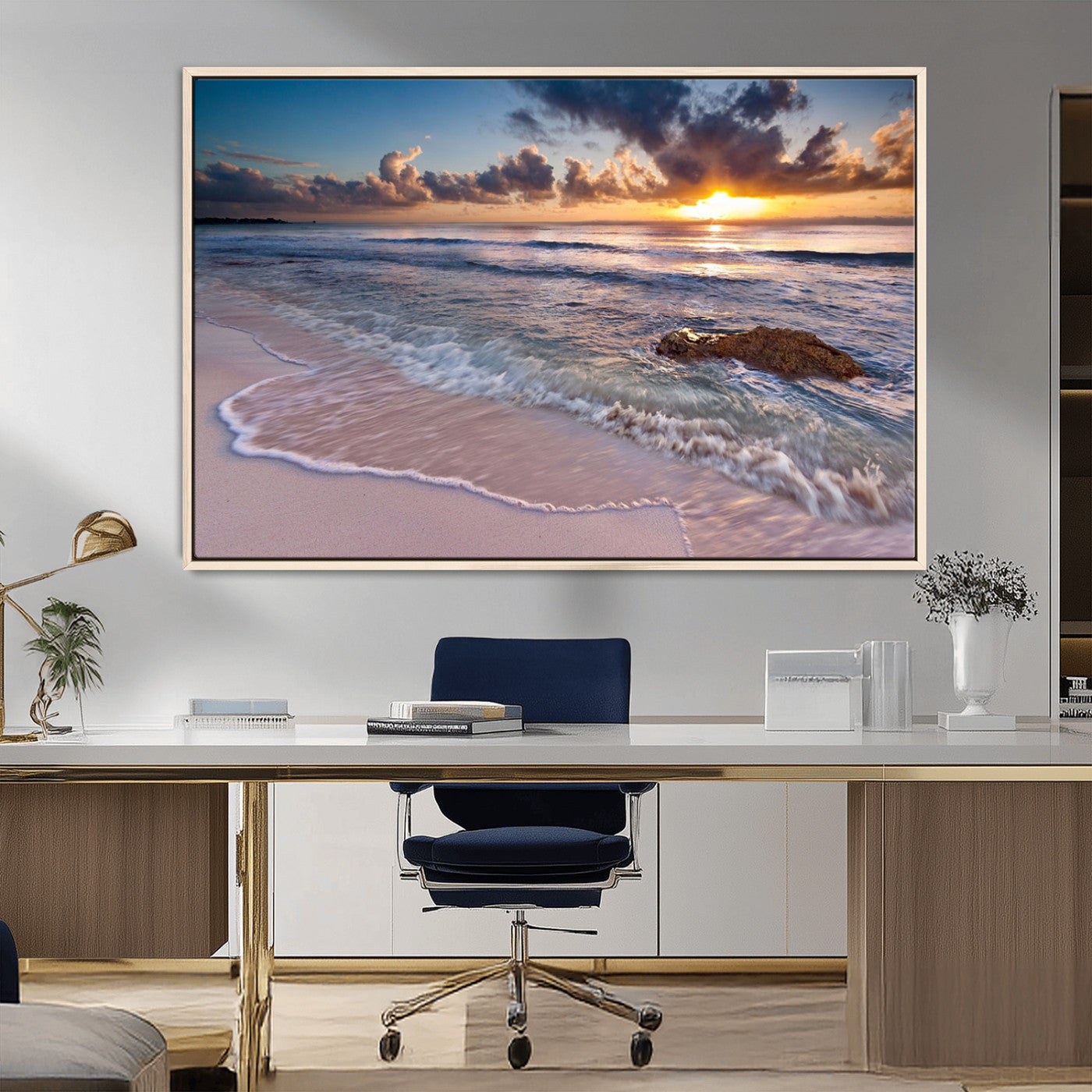 94906-MGV-CV-36X24-Sunrise Beach Wall Art – Panoramic Ocean Waves Canvas Print, Coastal Sunset Seascape Artwork for Living Room, Bedroom, or Office