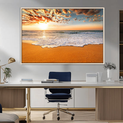 15399-MGV-CV-36X24-Golden Sunrise Beach Wall Art – Ocean Waves on Sandy Shore Canvas Print, Coastal Seascape Decor for Living Room or Bedroom
